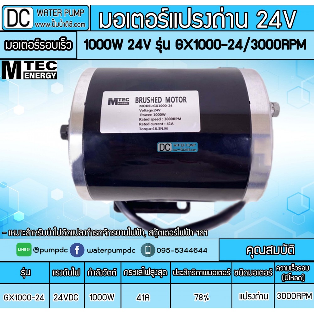 มอเตอร์แปรงถ่าน 1000W 24V รุ่น GX1000-24 3000RPM (มอเตอร์รอบเร็ว)